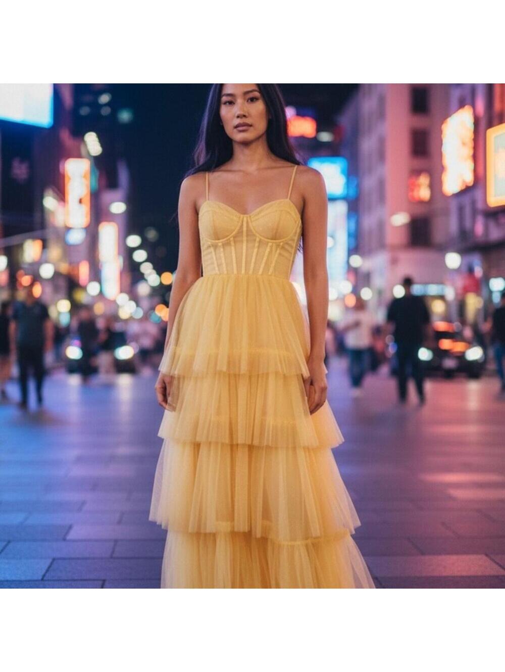 NWT Yellow Tulle Corset Maxi Dress Formal Prom Gown Size 11